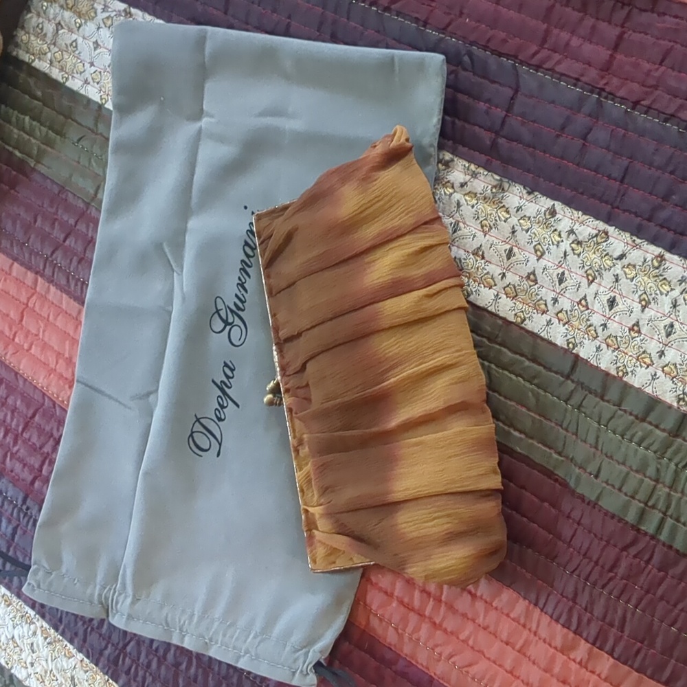 Vintage DEEPA GURNANI* silk tie dye and brass snap close clutch w/dust bag